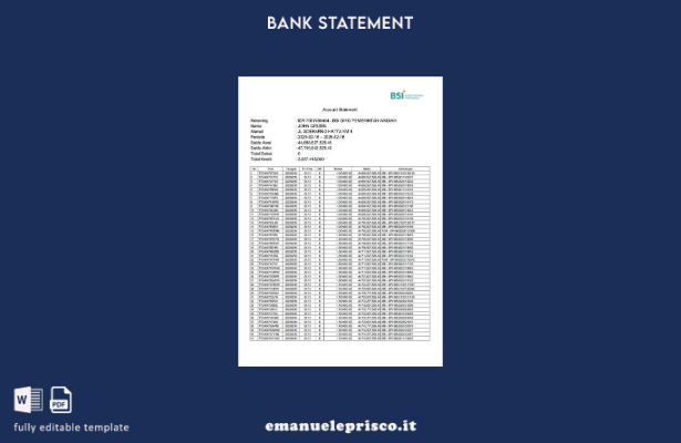 modello di parole dell'estratto conto Indonesia Bank Syariah Indonesia in stile 